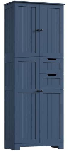 HOCSOK Badezimmerschrank Hoch, Badschrank Hochschrank mit 4 Türen und 2 Schubladen, Küchenschrank Hoch für Wohnzimmer Küche Esszimmer Büro, 164.5X 60x30cm, Dunkelblau