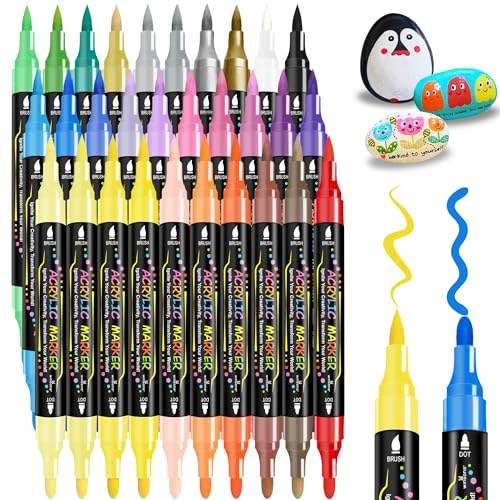 WINSONS Rotuladores de pintura acrílica, 30 colores, doble punta, rotuladores, no tóxicos, secado rápido para roca, lienzo, cerámica