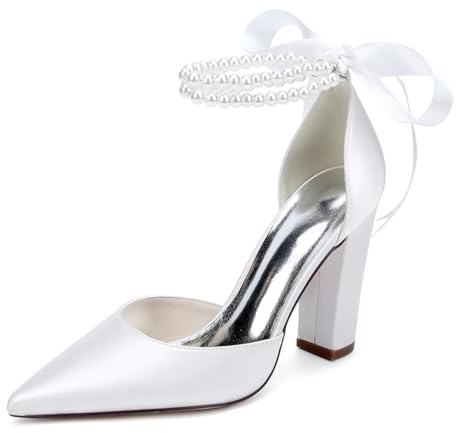 LRMYMHY Chaussures De Mariée pour Femmes À Bout Pointu en Satin avec Talons Carrés Épais Et Bride À La Cheville Ornée De Perles,Blanc,35 EU
