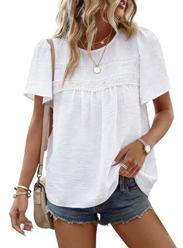 CMTOP Damblus, sommarskjortor, kortärmad topp, rund hals, skjortblus, elegant, flödande spets, sommarblusar, lätt söt sommartopp skjortor, damblusar, ledig tunika, toppar