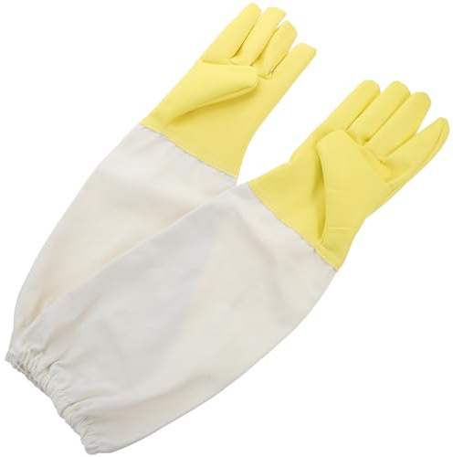 HOMSFOU Thick Pu and Canvas Beekeeper Gloves with Ventilated Xxl Yellow Leather Sleeves, Protective Long Sleeve Hand Safety Gloves for Beekeeping and Outdoor Work