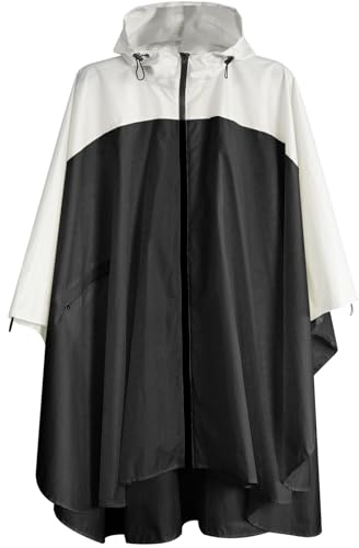 Anyoo Poncho de lluvia impermeable ligero reutilizable senderismo con capucha chaqueta para actividades al aire libre, negro/blanco, talla única