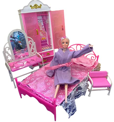 Fat-catz-copy-catz Pink Princess Fashion Dolls House Sized Plastic Furniture Set: Bed, Dressing Table & Wardrobe (Doll Not Included)