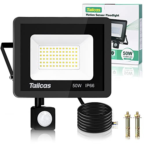 Tailcas Security Lights Outdoor Motion Sensor, 50W 4500LM, 1.5M Cable | 6500K Daylight White Outdoor Lights, IP66 Waterproof PIR Floodlight; Mains-powered Wall Light for Garden, Garage and Doorway