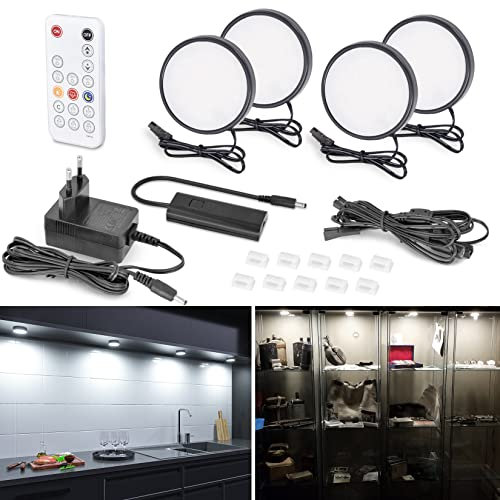 WOBANE Dimmbare LED Schrankleuchten, 4er LED küchenunterbauleuchte mit RF Fernbedienung,Superhell 6000K Kaltweiß Unterbauleuchte,für Küche,Schrank,Regale,Vitrinen,Kleiderschrank, Schwarz