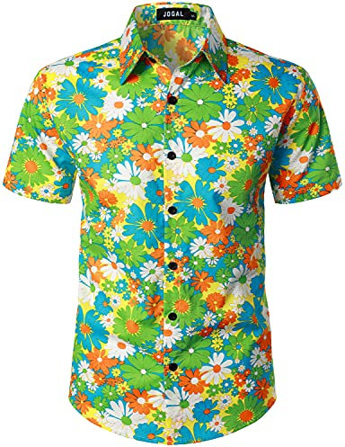 JOGAL Herren Blumen Kurzarm Baumwolle Hawaii Hemd Gelb Gänseblümchen X-Large