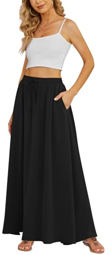 Yincro Women's Flowy Maxi Skirt Summer Pleated High Waisted Casual Long Skirts with Pockets (Black, L)