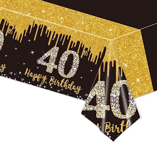 Mantel rectangular de plástico impermeable para 40 cumpleaños, 137 x 274 cm, color negro y dorado, 137 x 274 cm, decoración de mesa rectangular para hombres y mujeres, regalos de cumpleaños,