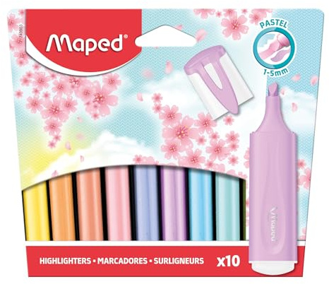 Maped - 10 evidenziatori pastello - Punta smussata - Evidenziatori a lunga durata per uso scolastico e professionale