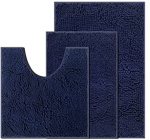 wyewye Chenille Badezimmer Set 3 Stück, Badteppich rutschfest Waschbar, Bequem und Weich Badvorleger Badezimmerteppich für Duschen, Badewannen, Toiletten, Dunkelblau