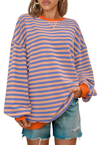 Kissfix Sweat-shirt rayé surdimensionné à manches longues pour femme - Col rond - Pull décontracté Y2K
