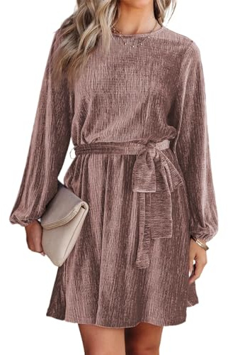 Happy Sailed Retro Velvet Dress for Women Fall Fashion Long Sleeve Waist Belted Swing Skater Cocktail Party Dresses Pink Large