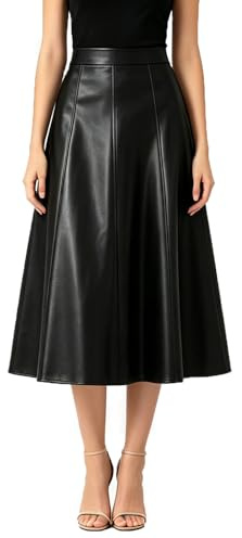 DINGJIUYAN Faux Leather Skirt High Waist A-Line Midi Skirts Autumn Winter Spring PU Leather Skirts for Daily Office Holiday Black