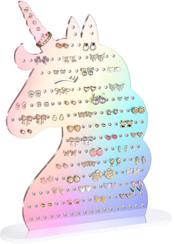 NiHome Acrylic Unicorn Earring Holder with 214 Holes for 80–107 Pairs, Colorful Smiling Unicorn Jewelry Display Stand for Teens & Women,Stud & Dangle Earring Organizer with Anti-Slip Pads(Iridescent)