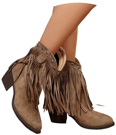 Botines Tradicionales De Tacón Botas Vaqueras con Flecos for Mujer Botines De Punta Puntiaguda con Tachuelas Zapatos De Ante Sin Cordones for Otoño E Invierno(Brown,36 EU)