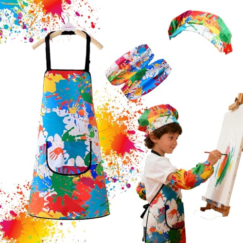 Ptyism Kittel Kinder Malen(Mit Hut und Ärmelabdeckung) Malschürze Kinders,Malkittel Kinder丨Malerkittel für Malen, Kochen, Essen, Basteln, Ton