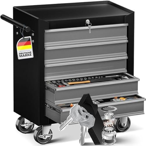 MASKO® Carrello per officina - 5 cassetti, con serratura | Metallo massiccio | Carrello portautensili mobile senza utensili | Carrello per officina professionale senza equipaggiamento | Carrello con