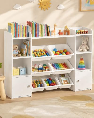 Amveya Libreria Infantil, Estanteria Infantil con Organizador de Juguetes, Libreria Montessori Infantil con 8 Cajas Extraíbles y 2 Puertas, para Habitacion Infantil y Cuarto de Juegos, Blanco