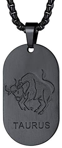 FaithHeart Collier pour Homme Acier Inoxydable Signe Astrologique Taureau Pendentif Plaque Militaire Femme Noir Acier Inoxydable Médaille Zodiaque Idée Cadeau Hommes Femmes Garçons