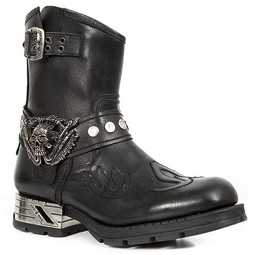 Men Knight Boots Biker Boots Short Riding Boots,Medieval PU Leather Steampunk Boots with Skull Decoration - Vintage Embroidery Western Cowboy Boots Shoes for Cosplay,Black,8.5 UK