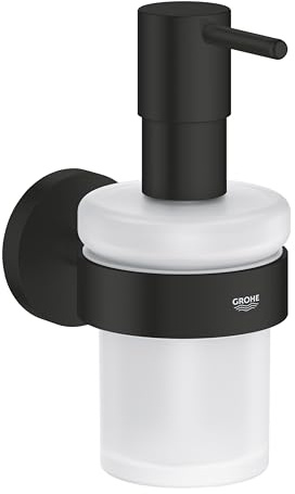 GROHE Start QuickFix Soap Dispenser with Holder (Metal and Glass, Filling Quantity 160 ml, Concealed Fastening, Including Screws and Dowels, Easy to Fit QuickGlue), Matt Black, 411952430