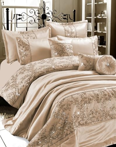 oceanevo® GIGI Embroidered Duvet Cover with Pillowcases Lace Diamante Quilt Silk Satin Bed Throw & Shams Bedspread Bed Sets (Mink, Double)