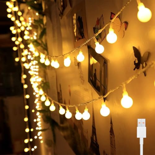 Bigzom USB Lichterkette Innen,7M 40LED Globe Lichterkette USB,5V Lichterkette Warmweiß,Lichterkette Außen für Zimmer, Hochzeiten, Balkon, Garten, Partys, Weihnachten Deko