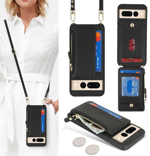 SailorTech Schutzhülle für Google Pixel 7 Pro, mit Kreditkartenfach für Damen, Google Pixel 7 Pro, Lederhülle, Geldbörse, Crossbody, mit Kartenfächern, Reißverschluss, stoßfest, für Herren, Schwarz