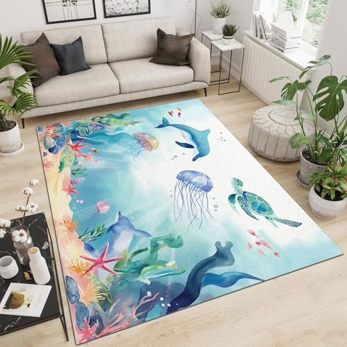 Rugs Aquarell Meerestiere Teppich Kurzflor Extra Weich Pflegeleicht Anti-Rutsch Teppiche für Küche Esszimmer Jugendzimmer Kinderzimmer Schlafzimmer Hellblau 80 x 150 cm