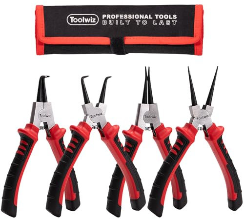 Toolwiz 4 Stück Sprengringzangen Set, 170mm Interne und Externe Sicherungsringzange, Spitzendurchmesser 2mm Seegeringzange, Gerades und Gebogenes Backen Sprengringzange