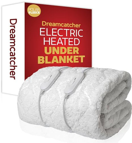 Dreamcatcher Double Electric Blanket 190 x 137cm, Soft Polar Fleece Electric Blanket Fitted Underblanket Mattress Cover, 3x Heat Settings, 2x Controllers and Machine Washable White Heated Blanket