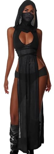 Joanyanl Rave Outfits for Women, Goth Sleeveless Hooded Sheer Knit Dress,EDM Festival Outfits Streetwear (Large) Black