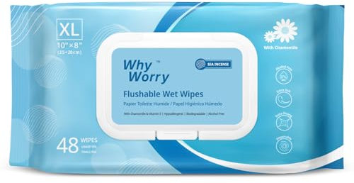 WhyWorry Carta Igienica Umidificata con Camomilla, Tessuto Gettabile nel WC, Salviette Umidificate per la Pulizia Intima, Prive di Plastica, Biodegradabile, 20x25 cm Extra Grandi, Mare, 48 Salviette