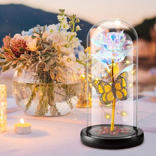 Fohil Rose Eternelle sous Cloche，Cadeau Belle Mere,Fleur Eternelle Lumière LED Un Dôme,Enchantée Ornement la Belle Et la Bête Papillons Cadeaux Anniversaire pour Les Femmes,Maman,Fille,Coloré