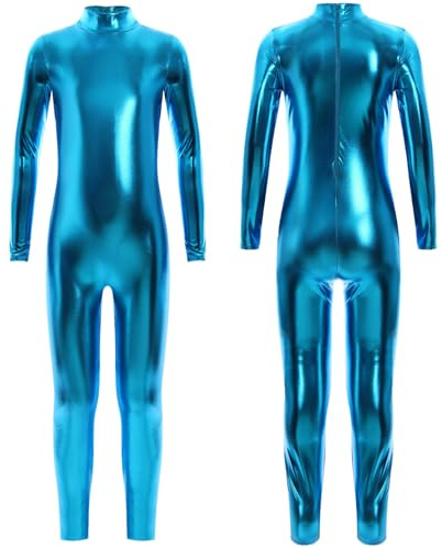 Jhaoyu Boys Girls Full Length Bodysuit Jumpsuit Metallic Ballet Dance Leotard Gymnastics Unitard Catsuit Blue 10-12 Years