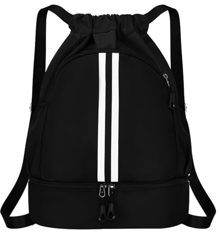Mochila de Cuerdas Impermeable Ajustable con Cremallera para Deporte - Bolsa Grande de Gimnasio con Compartimento para Zapatos, Natacion, Fitness - para Mujer y Hombre (Negro)