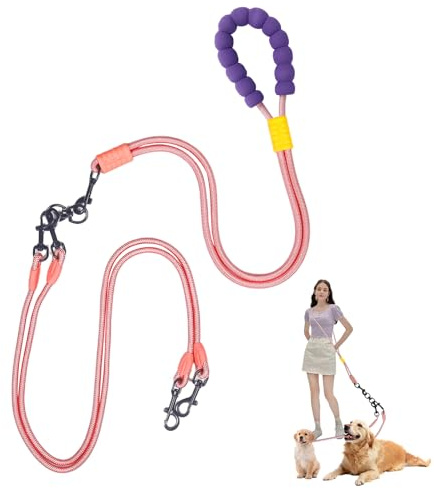 Double Dog Leash No Tangle, Adjustable Split Leads Dual Pet Walking Leash with Comfortable Padded Handle for Two Dogs, Hands - Free Dual Leashes for Small/Medium Pets (Pink, Double Leashes)