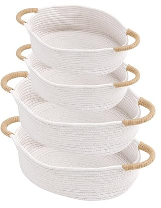 HEIYUET Juego de 4 cestas de almacenamiento de cuerda de algodón trenzadas, cestas de almacenamiento blancas con asa para salón, cambiador, organizador de baño