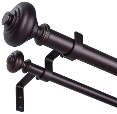 Bronze Double Curtain Rods for Windows 120 to 170 inch, Farmhouse Vintage Decorative 1 Adjustable Extra Long Dual Curtain Rod, Heavy Duty Boho Double Drapery Pole with Brown Grain Finial