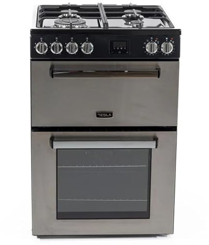 Tesla Dual Fuel Cooker - Freestanding Stainless Steel, A/A+ Energy, 4-Burner Gas Hob, 60cm Double Cavity, 68L & 31L Ovens, Easy Clean Enamel, LED Timer, (TMRDF60SS)