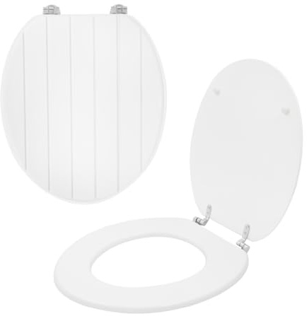 Anika White Tongue and Groove Toilet Seat, 43 x 37.5, Chrome Plated Hinges | Easy Installation, Moisture Resistant PVC Veneer, Easy Clean Bathroom Toilet Seat, Fits Most Standard Toilets, Modern Design