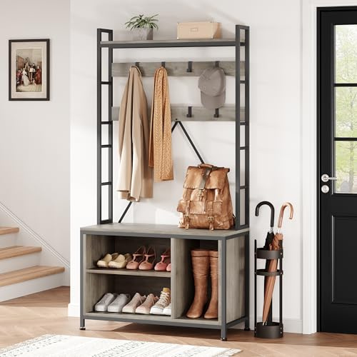 Aptliton 5-in-1 Hall Tree with Storage Bench,Freestanding Coat Rack with Adjustable Hooks & Shelves,Modern Entryway Organiser Furniture for Hallway,Living Room or Bedroom,Gray