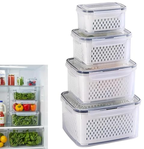 STOUCLA Kylskåpslådor, kylskåpsorganisatör, 4-delad kylskåpsförvaring, med avtagbara siktar, för frukt, grönsaker och bär (4,15 l, 3,15 l, 1,7 l, 0,8 l)