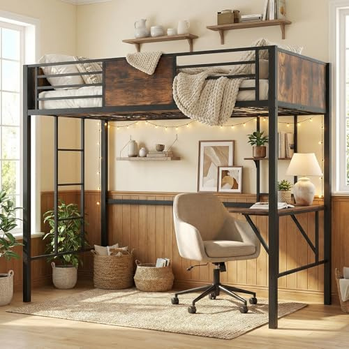 Multigot Metal Bunk Bed with Desk, Single Loft Bed Frame | Metal Slatted High Sleeper Beds Space Saving Gaming Beds with Storage Shelf and Safety Guardrail for Teenagers Adults