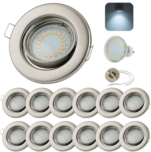 Sweet Led® 12x Einbaustrahler inkl. GU10 Fassung 5W 450 Lumen IP20 LED Einbauleuchten Deckenstrahler Möbelleuchten downlight spot – rund, schwenkbar, kaltweiß, chrom gebürstet