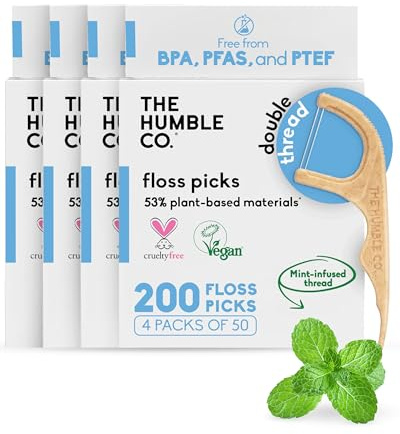 The Humble Co Dental Floss Picks for Teeth, 200 Count (Mint) - Double Thread Tooth Picks Flossers for Adults Gum Health - Toothpick Floss for Interdental Oral Care & Hygiene