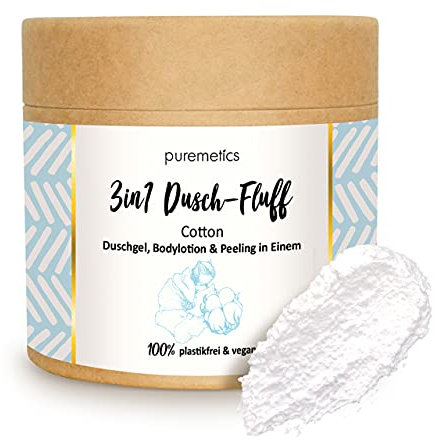 puremetics 3in1 Dusch-Fluff Cotton mit Zuckerpeeling, 250g Duschgel, Peeling und Lotion in Einem, vegan und plastikfrei