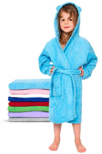 Twinzen - Peignoir Enfant Coton pour Fille et Garçon - 100% Coton Oeko-TEX® sans Produits Chimiques- 2 Poches, Ceinture, Capuche avec Oreilles,5-6 ans,Bleu
