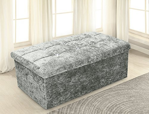 Home Republic Large Ottoman Storage Box Folding Seat, Storage Stool Faux Leather Toy Chest Practical Bench Blanket Box (Crushed Velvet Buttoned Silver Grey, 76x38cms)