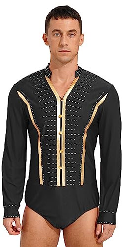 Agoky Herren Ballett Trikot Latein Body V-Ausschnitt Leotard Lange Mesh Ärmel Glänzend Gymnastikanzug Turnanzug Tanzbekleidung Schwarz L